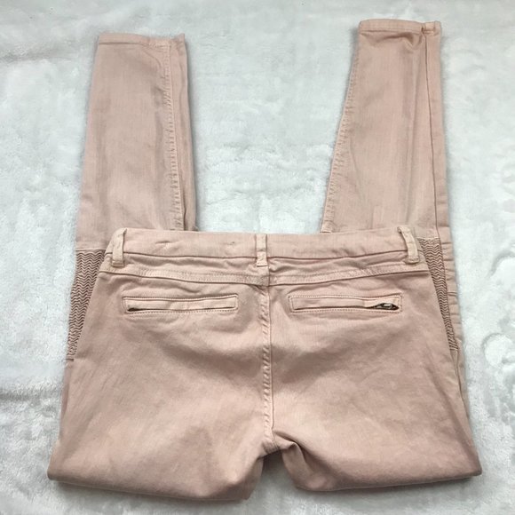 Zara Woman Medium Rise Skinny Fit Slim Leg Jeans Pink Size 8 Shirred Knee Moto - Picture 5 of 13